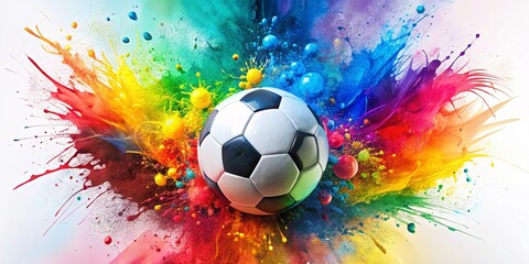A soccer ball emerges from a vibrant explosion of color, capturing the energy and dynamism of the sport. © Kukar Studio