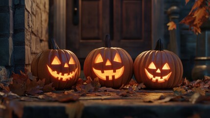 Realistic carved pumpkins with glowing faces, placed on a rustic porch with autumn leaves scattered around. Halloween ambiance.