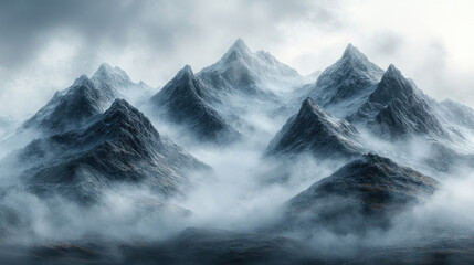 Obraz premium Misty fog rolling over a mountain range, the peaks disappearing into the clouds as the fog thickens