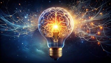 A radiant brain encased within a glowing light bulb, its ethereal tendrils reaching out into the celestial expanse.