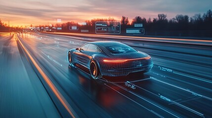 Fototapeta premium Autonomous car cruising on a smart highway at dawn, interactive digital elements floating around showing speed, navigation, and traffic updates, soft sunrise glow illuminating the scene,