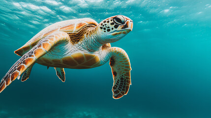 Fototapeta premium A graceful sea turtle gliding through the clear ocean waters, showcasing its intricate shell patterns and serene underwater environment.