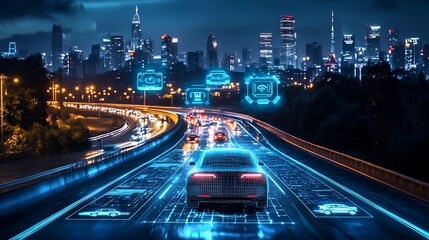 Autonomous car cruising on a smart highway, glowing digital icons indicating traffic, speed, and vehicle status floating above the car, futuristic environment, dynamic city skyline in the background,