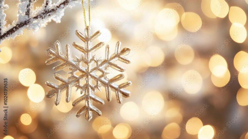 Aufkleber shimmering golden snowflake hanging from icy branches, illuminated by warm bokeh lights, creating a 