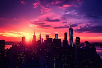 Fototapeta premium A Vibrant Sunset Illuminates a City Skyline