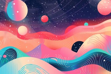 A colorful painting of a galaxy with a blue wave in the middle. The painting is full of bright colors and has a dreamy, otherworldly feel to it