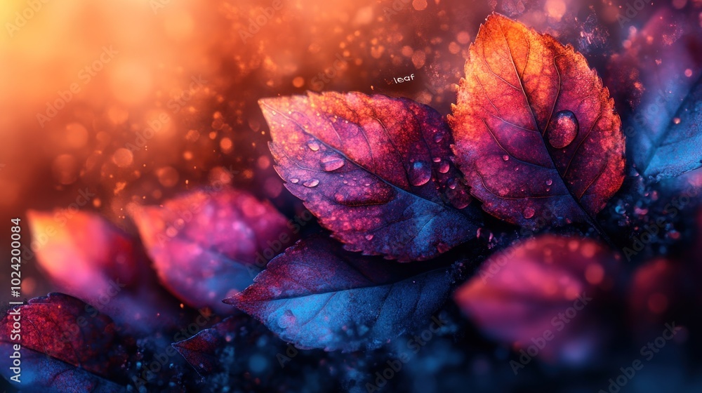Poster a close-up view of colorful leaves with dew drops, creating a vibrant and dreamy atmosphere.