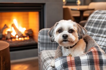 Cute Dog Relaxing by a Fireplace, Cozy Winter Vibes, Warm and Inviting