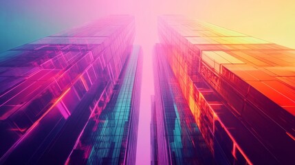 Fototapeta premium Creative portrayal of a futuristic skyscraper in double exposure, merging with neon hues and abstract designs.