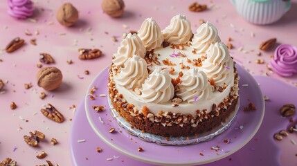 Carrot cake with cream cheese and walnuts on pink and purple background