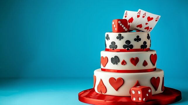 Casino themed cake with poker chips cards and dice on blue background