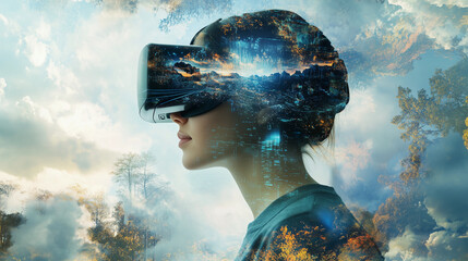 woman wearing hologram double exposure Screen Face Amidst Digital Landscapes