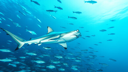 Fototapeta premium A stunning underwater scene featuring a sleek shark swimming gracefully among a school of fish in clear blue waters, showcasing the beauty of marine life.