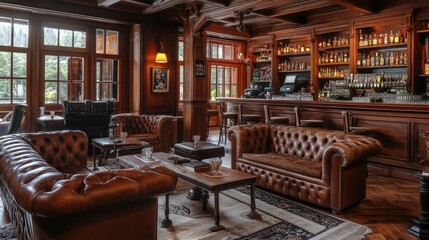 Obraz premium Vintage bar with rich wooden interiors and classic Chesterfield sofas, creating an elegant and cozy atmosphere.