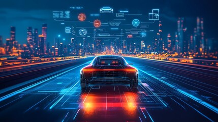 Fototapeta premium Autonomous car on a sleek highway, colorful digital icons floating above showing road safety, speed, and navigation, futuristic city skyline in the background, glowing holographic displays,