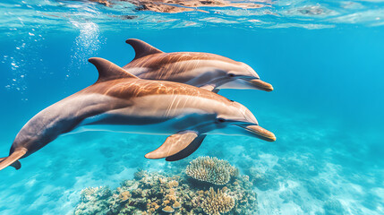 Two dolphins swimming gracefully over a vibrant coral reef, showcasing their playful nature in crystal clear blue water.