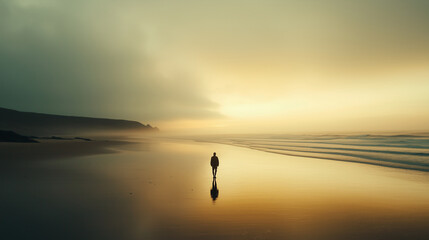 Man with shadow walking in beach sunset time
