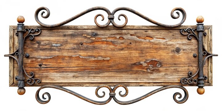 A weathered wooden sign with ornate wrought iron accents, perfect for displaying a message of craftsmanship and vintage charm.