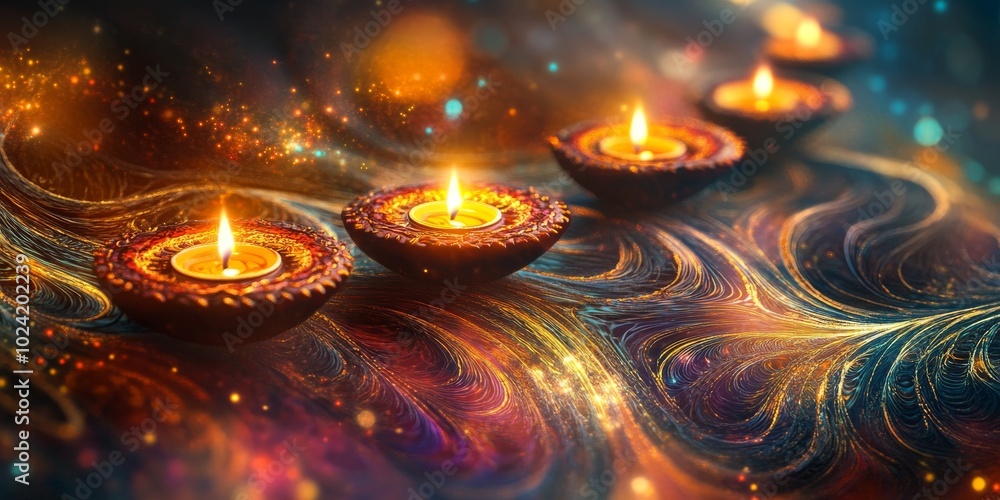 Poster a colorful image of candles in various sizes and shapes, with some of them lit