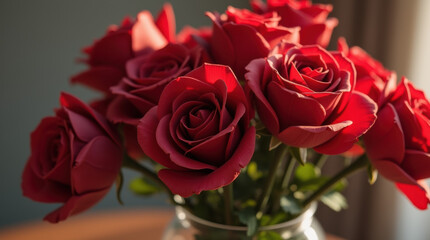 Fototapeta premium Close-up of red roses in a beautiful bouquet with soft lighting, warm lighting creating a romantic atmosphere