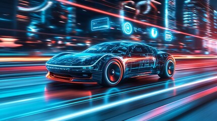 Autonomous electric car cruising on a tech-driven highway, colorful holographic icons floating above displaying AI-controlled speed, distance, and safety alerts, advanced cityscape in the background,