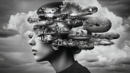 Woman Chaotic Thoughts in Surreal Bubbles