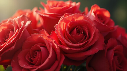 Close-up of red roses in a beautiful bouquet with soft lighting, warm lighting creating a romantic atmosphere