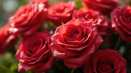 Close-up of red roses in a beautiful bouquet with soft lighting, warm lighting creating a romantic atmosphere