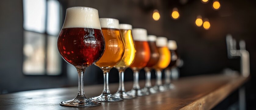 A variety of craft beers showcased in elegant glasses lined on a wooden bar during an evening gathering in a cozy brewery