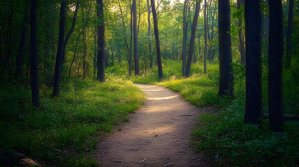 Obraz premium Nature trail and hiking path in forest. Forest scene with hiking path, straight trail through forest