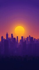 Fototapeta premium A vibrant sunset casts a golden glow over a bustling city skyline silhouetted against a colorful sky at dusk