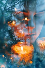 A woman's face is reflected in a tree with candles in the branches. Concept of warmth and intimacy