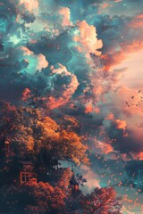 Fototapeta premium A colorful sky with clouds and trees in the foreground. The sky is filled with birds flying around