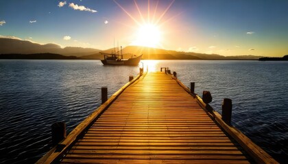 Obraz premium Scenic sunset over water with a wooden dock leading to a boat.