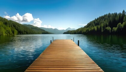 Fototapeta premium Serene lake view with a wooden dock under a clear blue sky.