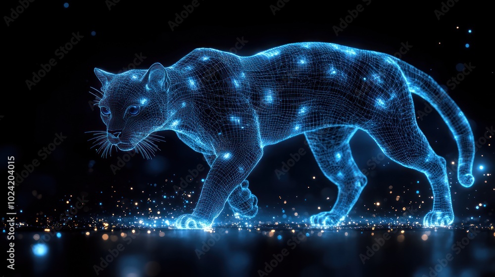 Poster a glowing, digital panther made up of points of light walks across a dark background with glittering