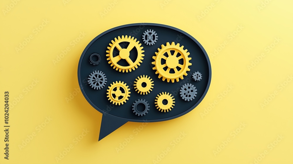 Poster cogs in the mind: conceptual image of interconnected gears within a speech bubble, symbolizing brain