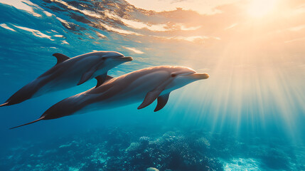 Fototapeta premium Two dolphins swimming gracefully in clear blue waters, illuminated by sunlight filtering through the surface, showcasing their playful nature and the beauty of marine life.