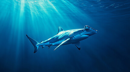 Obraz premium A majestic shark swimming gracefully through the deep blue ocean, illuminated by beams of sunlight filtering from the surface, showcasing its powerful body in a serene environment.