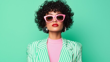 Fashion-forward model flaunts vibrant style with bold sunglasses and striped blazer against a mint green backdrop.