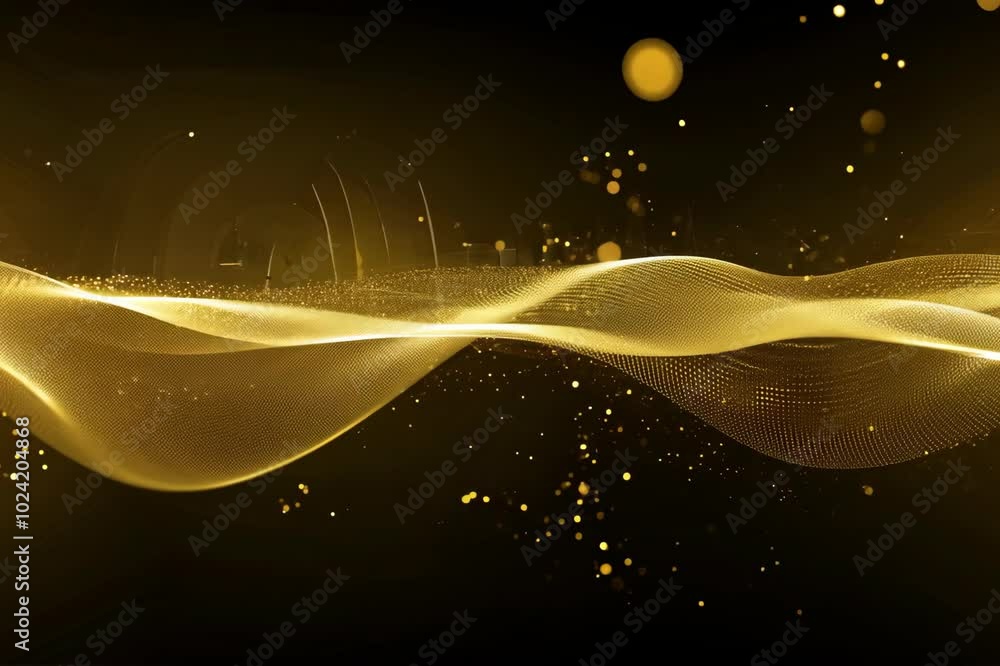 Poster golden waves of light flow gracefully in a dark setting, creating an enchanting visual experience at