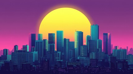 Fototapeta premium Vibrant sunset over a modern city skyline with colorful reflections and silhouettes of towering buildings