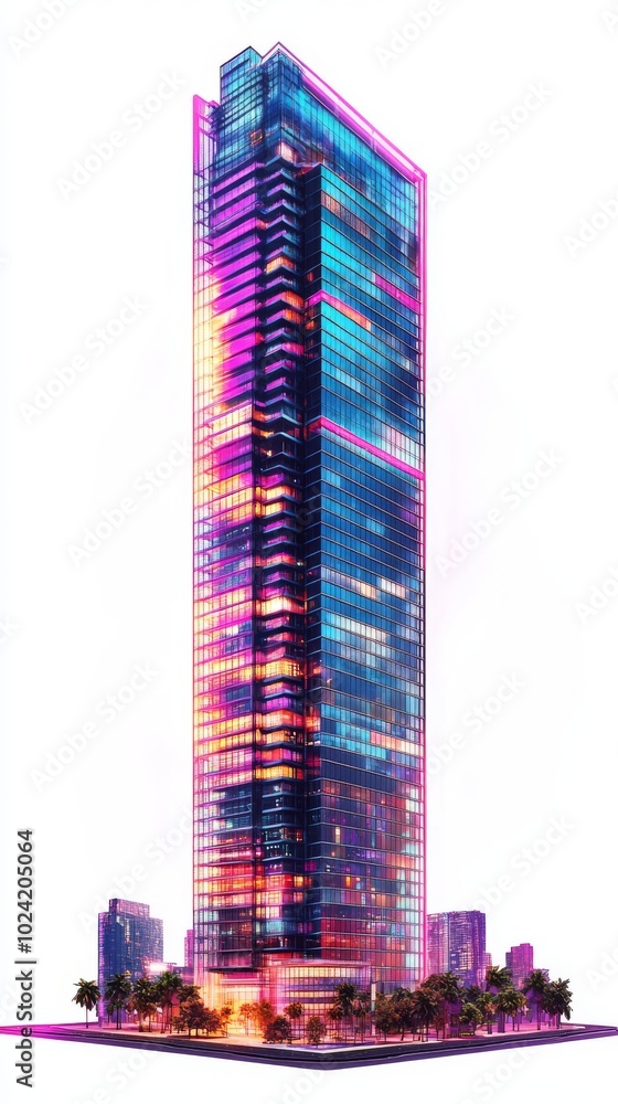 Poster isolated synthwave skyscraper on a plain white background, highlighting its modern architecture and 