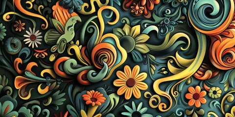 Fototapeta premium A vibrant and intricate abstract floral pattern featuring swirls, flowers, and leaves in a variety of bold colors.