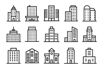 Big city buildings related editable icon set isolated flat vector illustration white background.