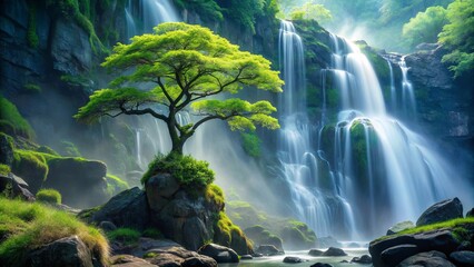 A Serene Waterfall Cascading Through Verdant Cliffs with a Solitary Tree Perched on a Rocky Outcropping