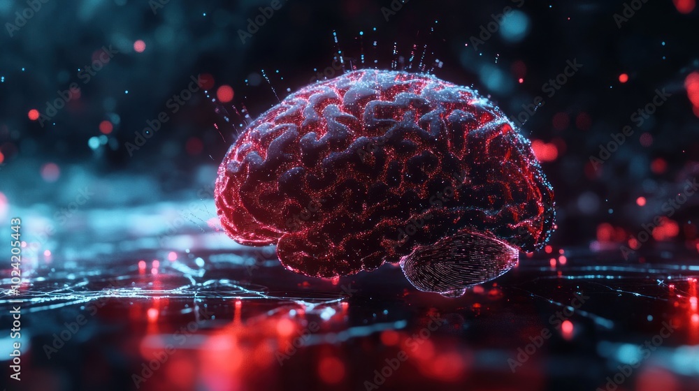 Poster a digital representation of a brain with glowing elements illustrating neural connections.