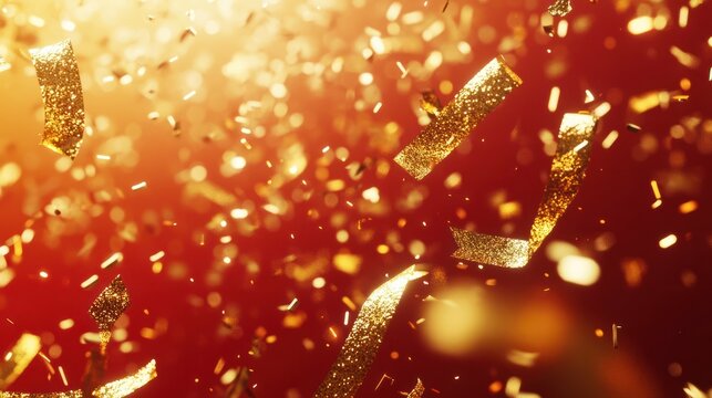 a festive celebratory red background with gold confetti and streamers creating a sparkling atmosphere of joy smooth golden animation festive laxury futage