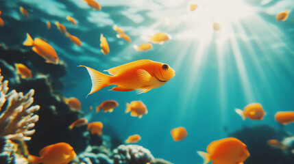 Fototapeta premium A vibrant underwater scene featuring colorful fish swimming gracefully in crystal clear water with sunlight filtering through, creating a serene ocean ambiance.