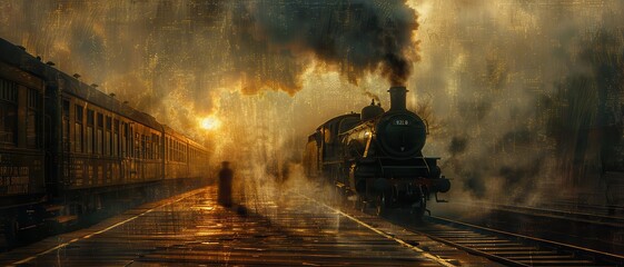 Vintage steam train on misty railway track during sunset, evoking nostalgia and the romance of bygone travel eras.